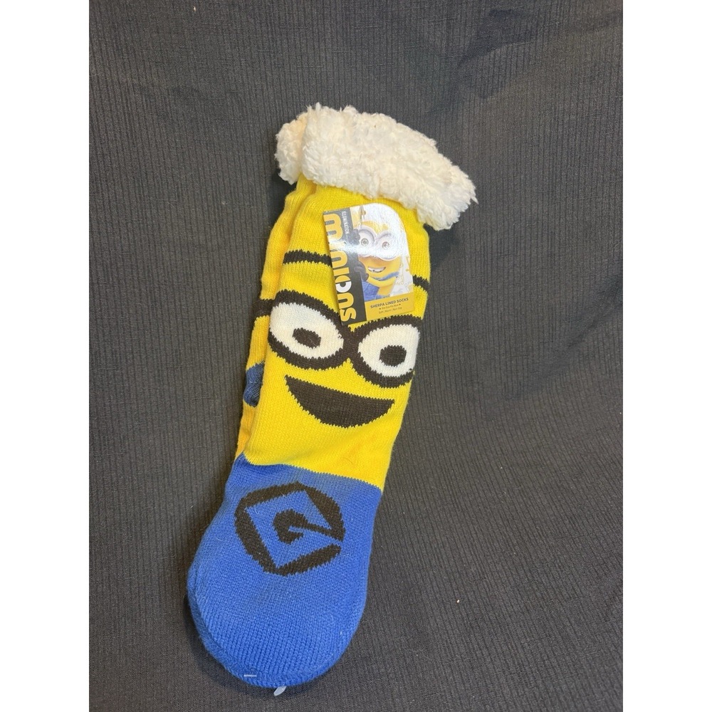 Minions Despicable Me Yellow Blue Fuzzy Sherpa Lined Non-Slip Slipper Socks NWT
